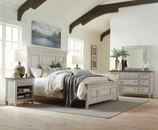 Cozy bedroom with rustic wooden furniture set