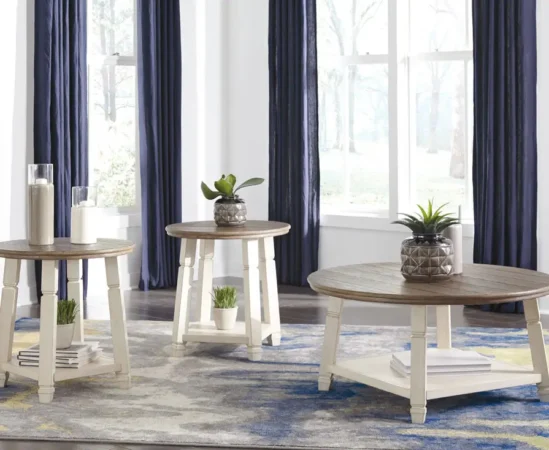Round wooden coffee tables with plants and decor.