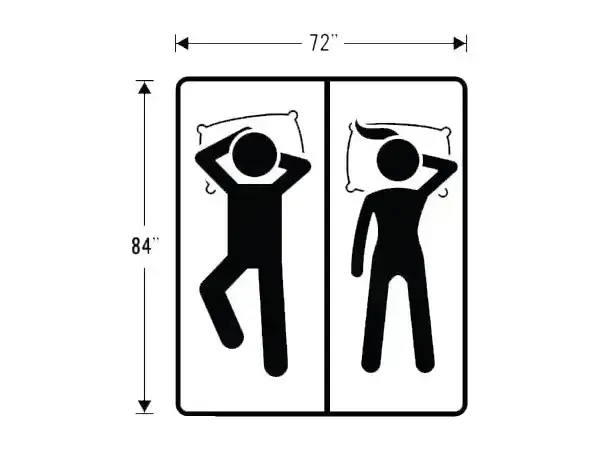 California King bed dimensions with stick figures sleeping.