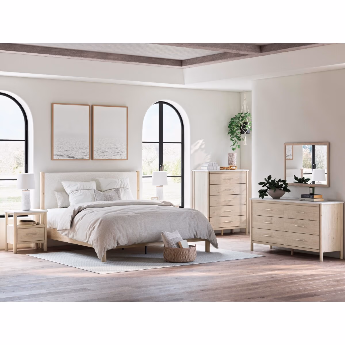 Cadmori King Upholstered Panel Bed, Dresser and Nightstand - Image 21