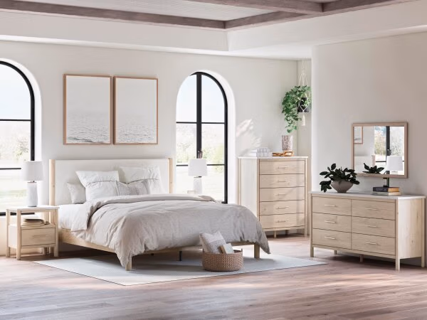 Cadmori King Upholstered Panel Bed, Dresser and Nightstand - Image 21