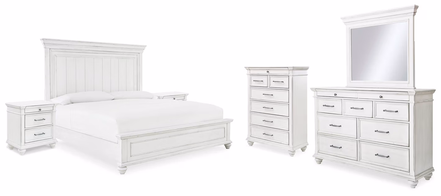 Kanwyn King Panel Bed, Dresser, Mirror, Chest and 2 Nightstands