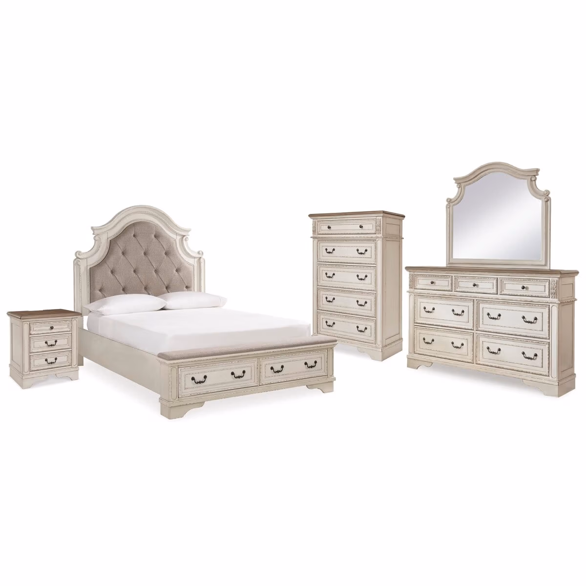 Realyn Queen Upholstered Bed, Dresser, Mirror, Chest and Nightstand - Image 2
