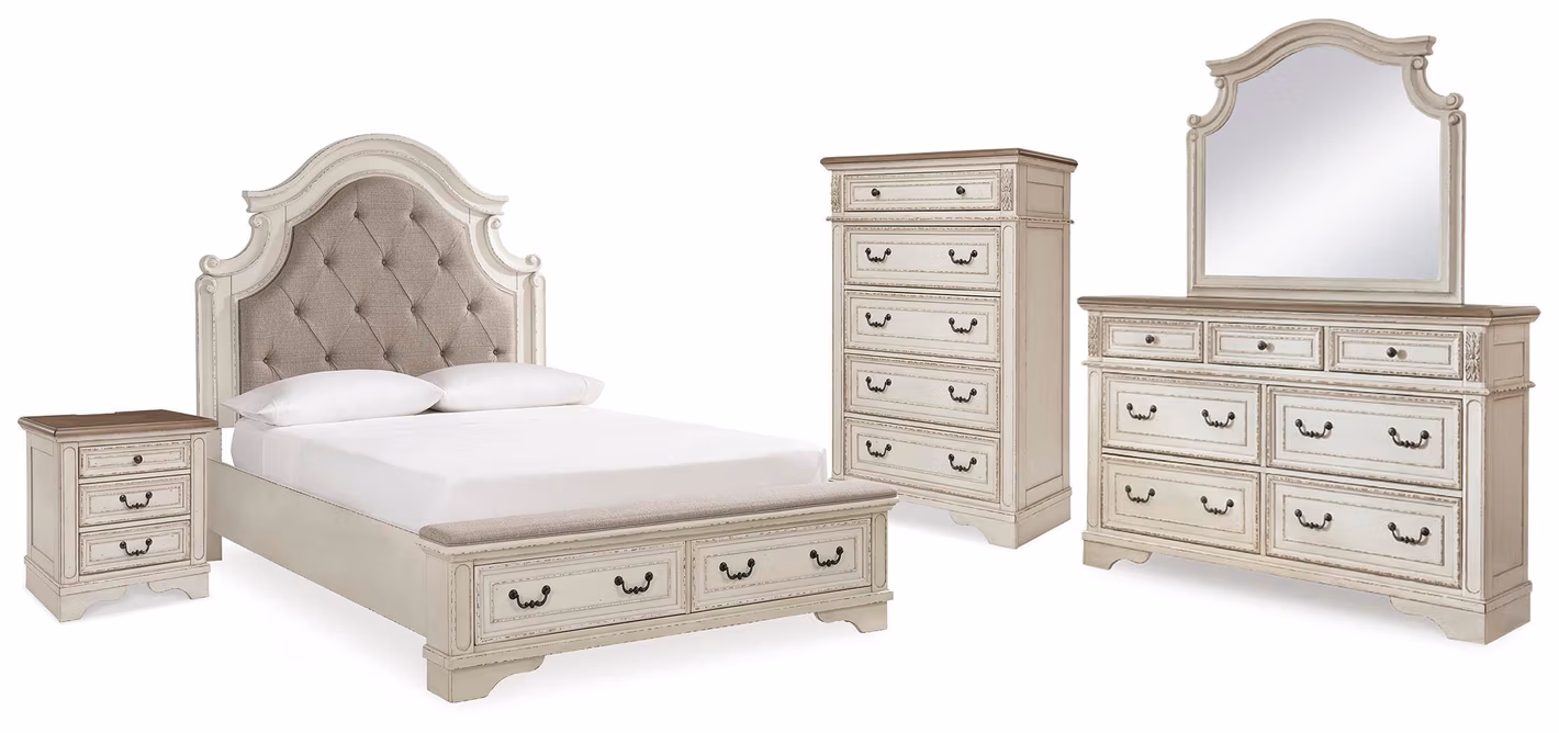 0511f6bcb98373ae0598047e7571c597 Realyn Queen Upholstered Bed, Dresser, Mirror, Chest and Nightstand - Image 1