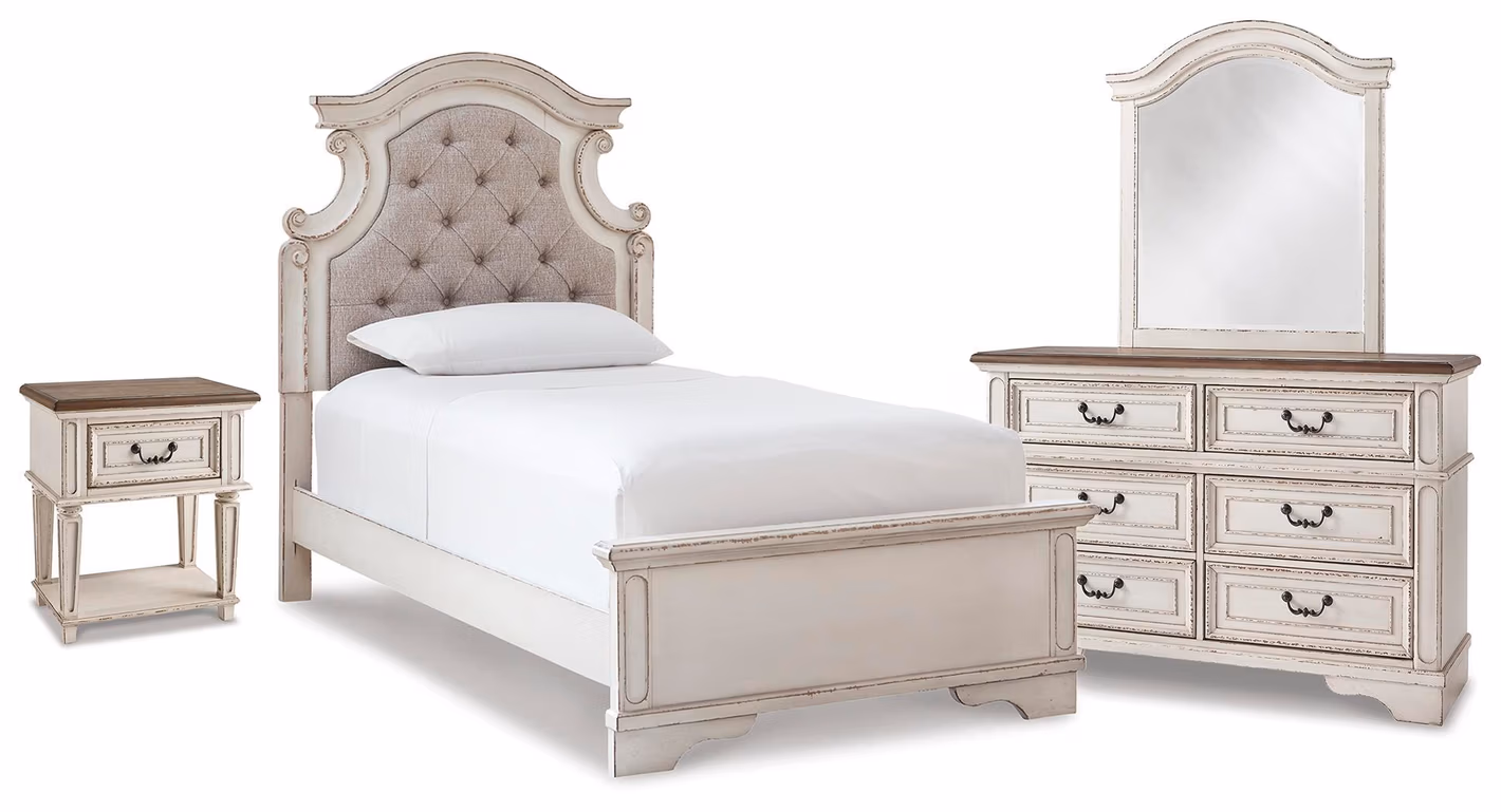 23209de04d5ba59571b877220ee75946 Realyn Twin Panel Bed, Dresser, Mirror and Nightstand - Image 1