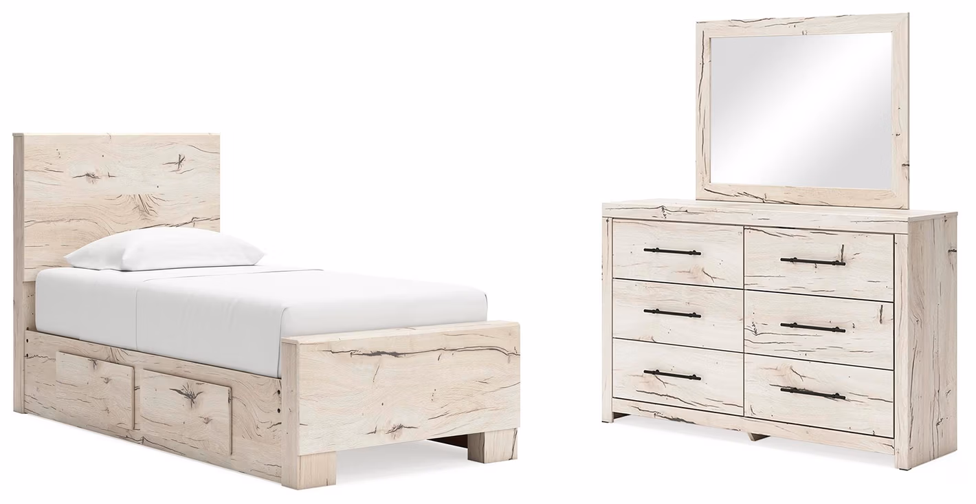2476aea6220ee0d9715cf11c1d9a13d9 Lawroy Twin Panel Bed with Storage, Dresser and Mirror - Image 1