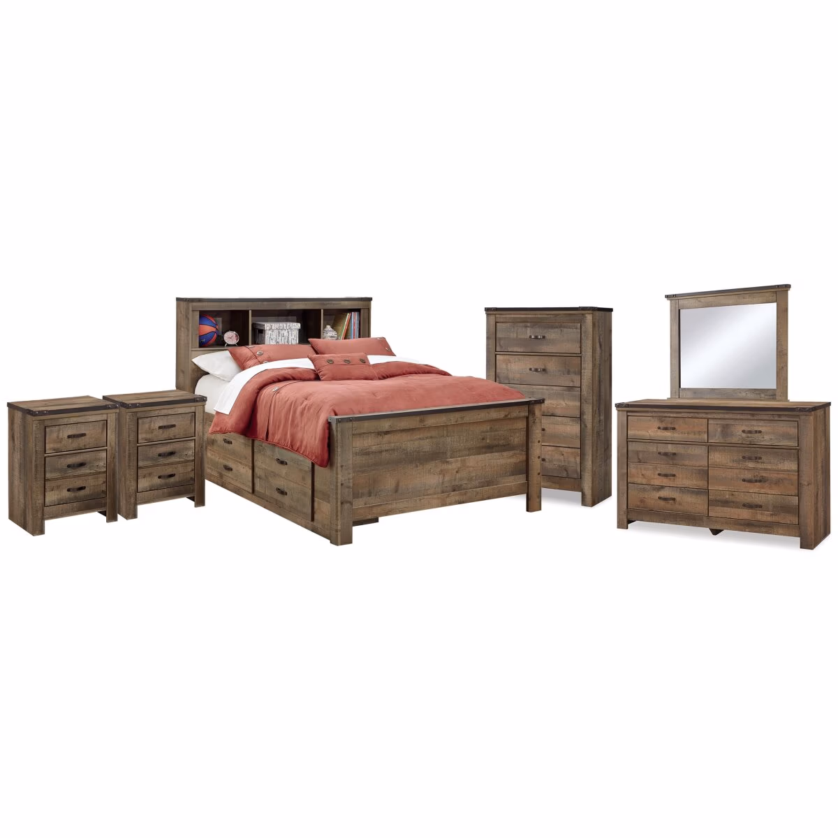 Trinell Full Bookcase Storage Bed, Dresser, Mirror, Chest and 2 Nightstands - Image 2