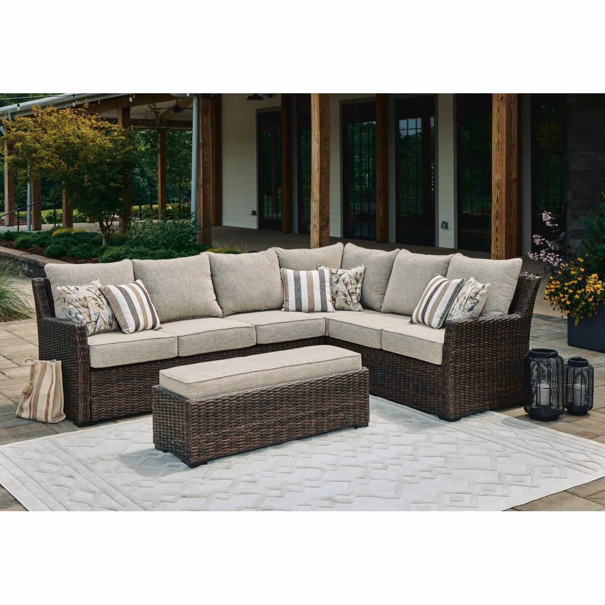 Brook Ranch Outdoor Sofa Sectional/Bench with Cushion (Set of 3) - Image 3