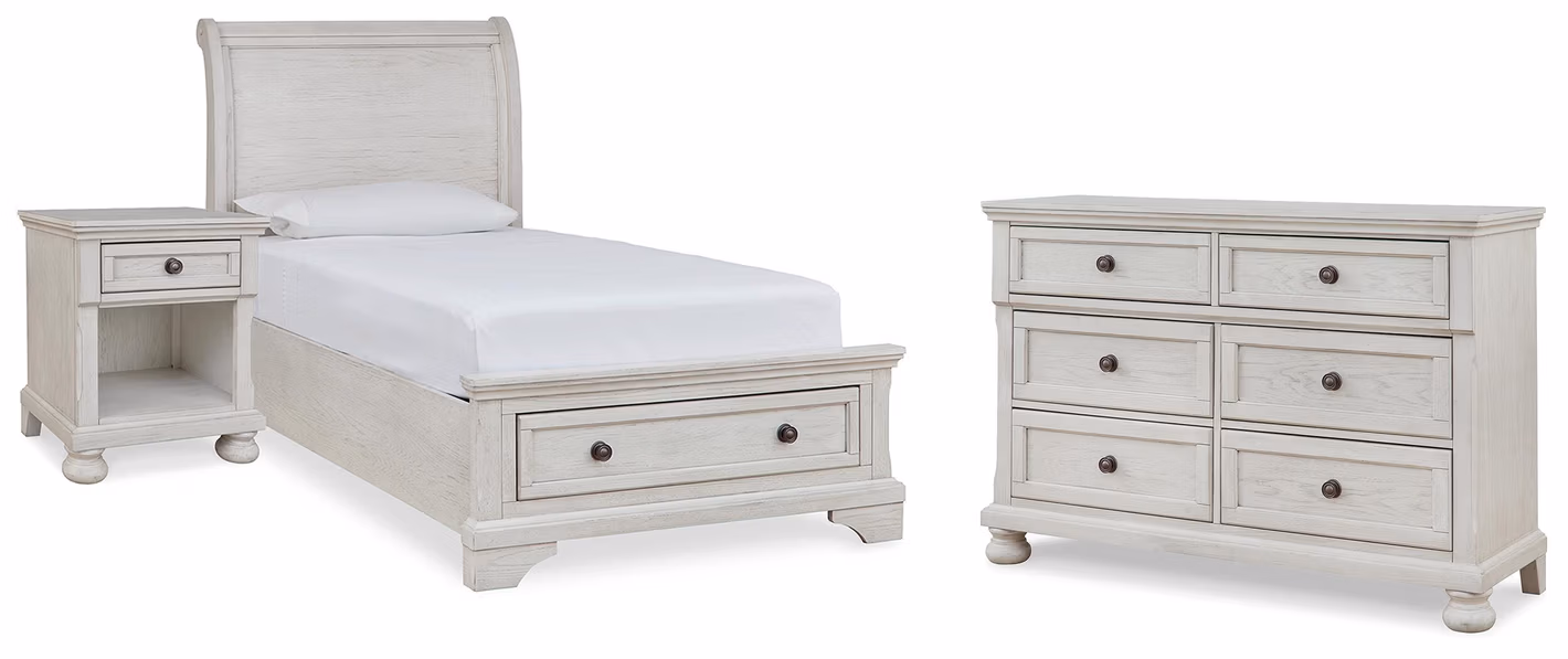 35b29d97f94e2fc31a397b36d22eae58 Robbinsdale Twin Sleigh Storage Bed, Dresser and Nightstand - Image 1