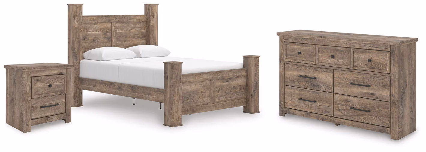 Rusticott Queen Poster Bed, Dresser and Nightstand