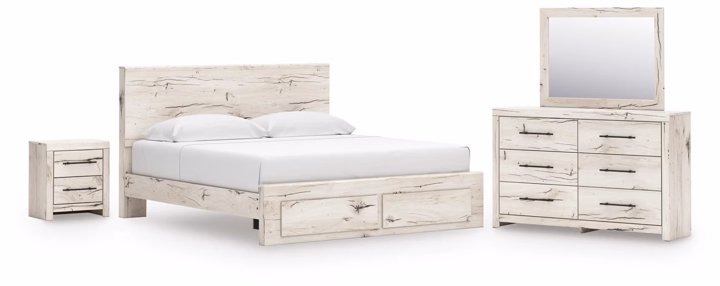 Lawroy King Panel Storage Bed, Dresser, Mirror and Nightstand