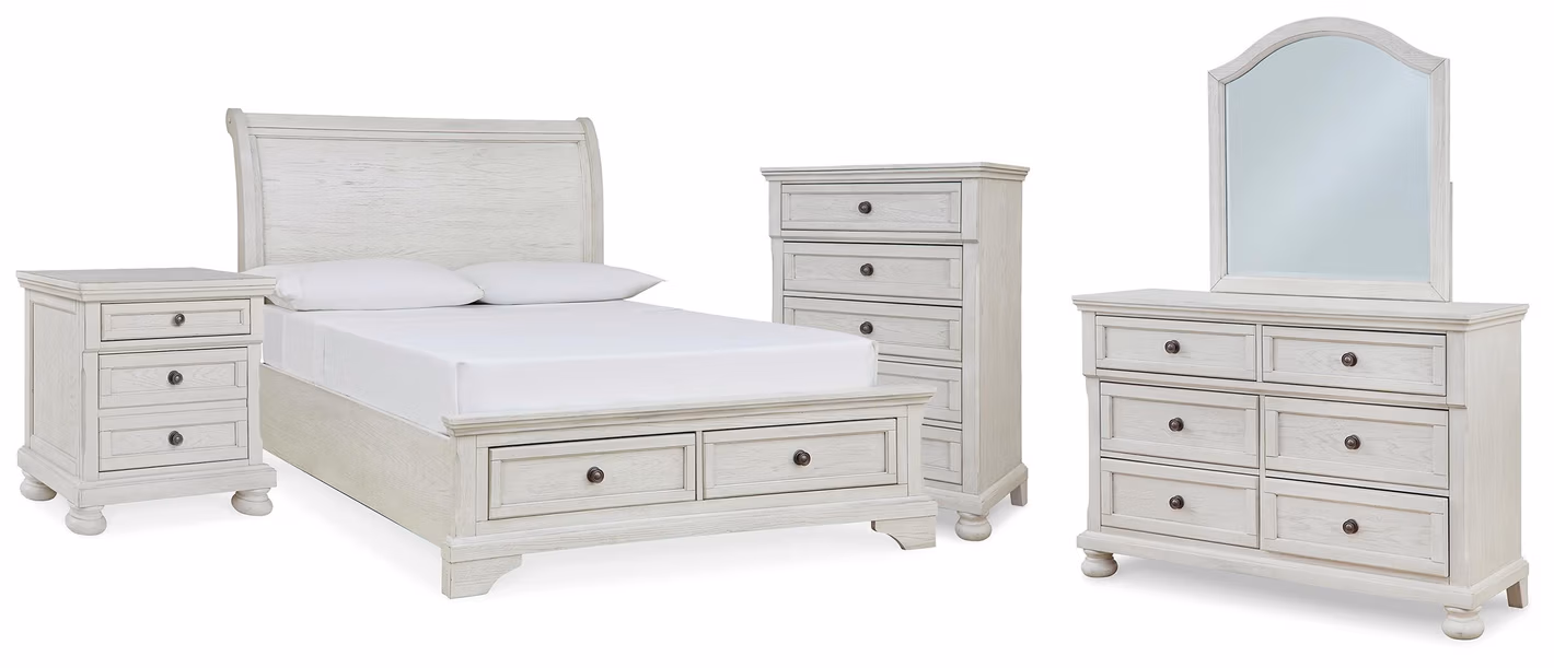 Robbinsdale Full Storage Sleigh Bed, Dresser, Mirror, Chest and Nightstand