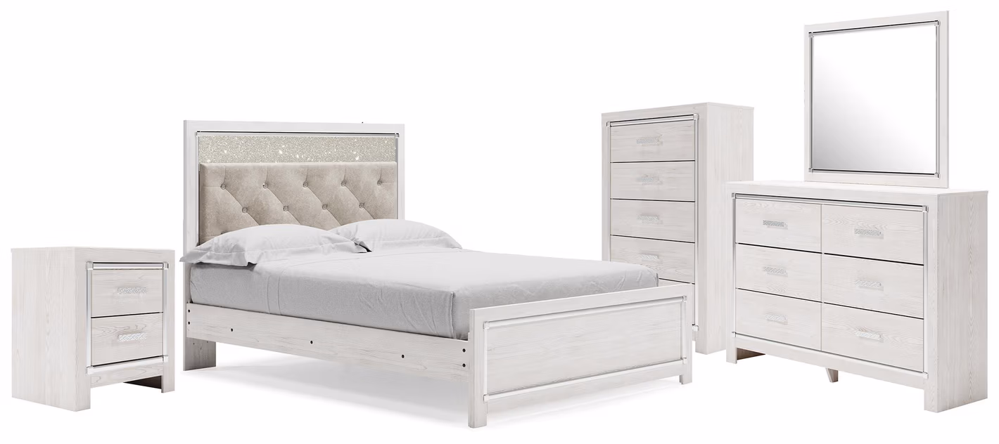 Altyra Queen Upholstered Panel Bed, Dresser, Mirror, Chest and Nightstand