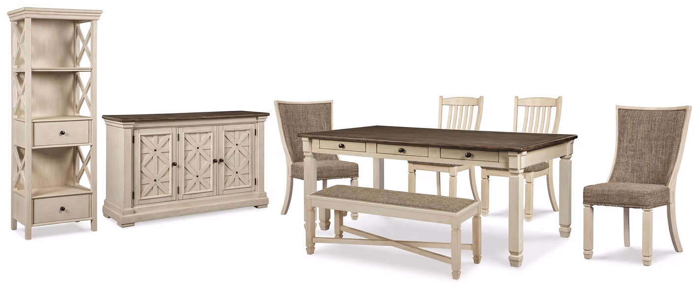 62a62dfaae7506bb127d6747d30a840b Bolanburg Dining Table, 4 Chairs, Bench, Server and Display Cabinet - Image 1