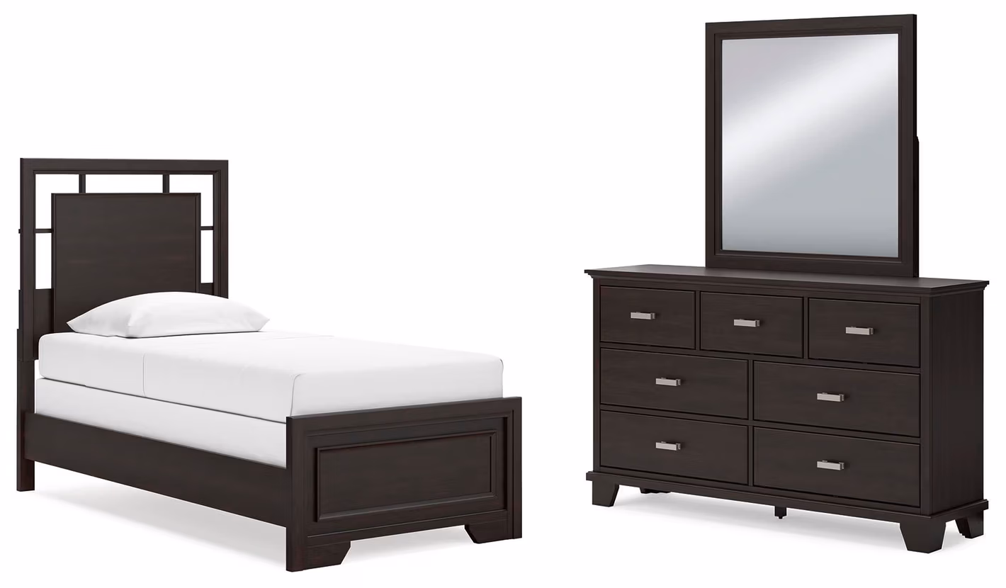 67289eff87823611cfd95f80c2345c4a Covetown Twin Panel Bed, Dresser and Mirror - Image 1