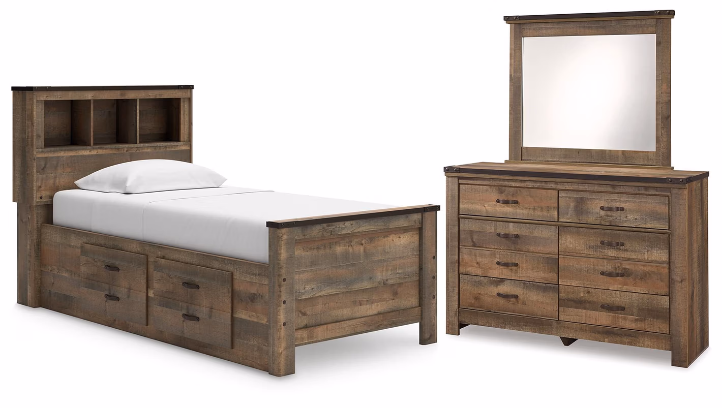 6e80f14b979eae820c54d64e6776f131 Trinell Twin Bookcase Storage Bed, Dresser and Mirror - Image 1
