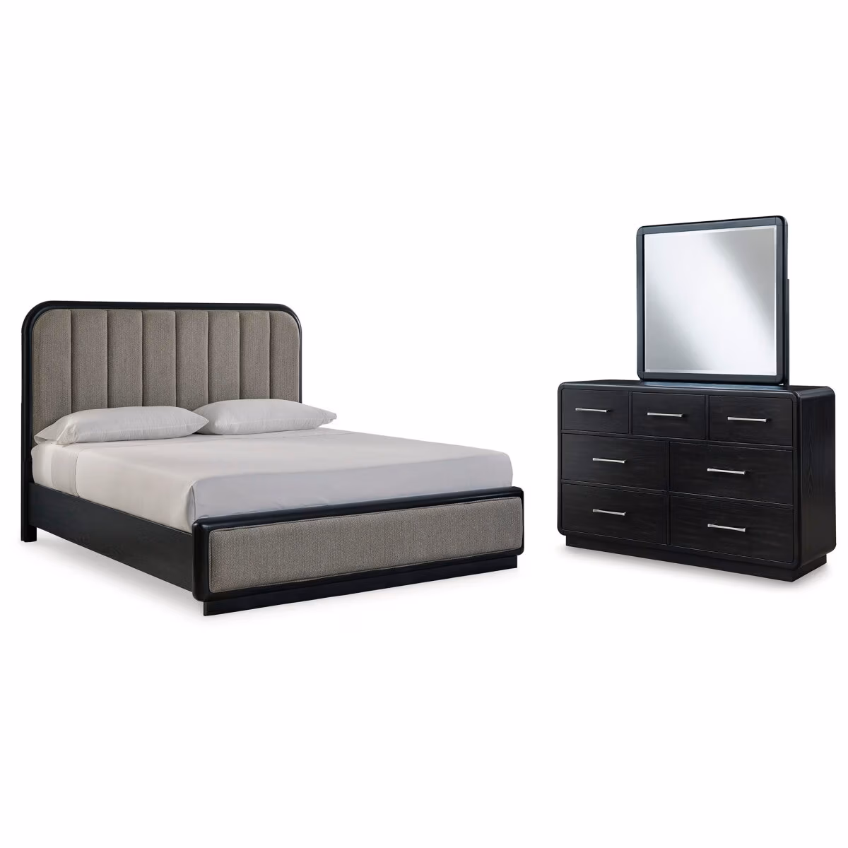 Rowanbeck California King Upholstered Panel Bed, Dresser and Mirror - Image 2