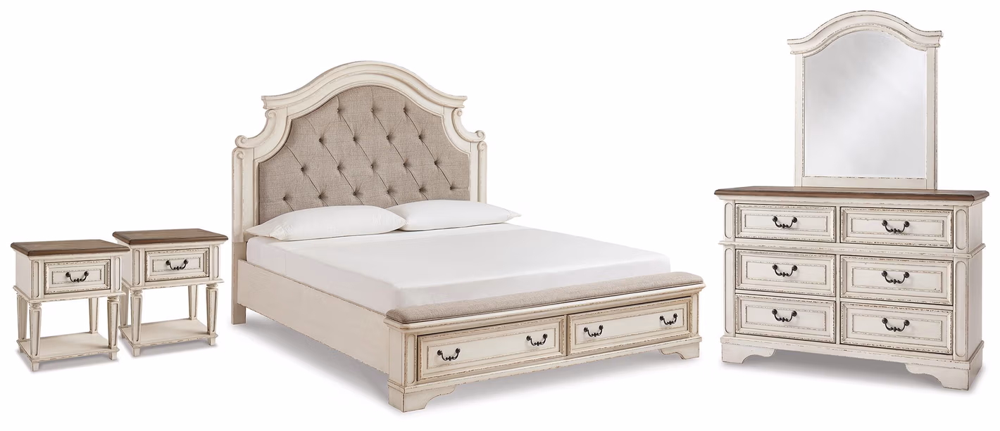 8b48138d19c25ec830b167b44c542c06 Realyn King Panel Storage Bed, Dresser, Mirror and 2 Nightstands - Image 1