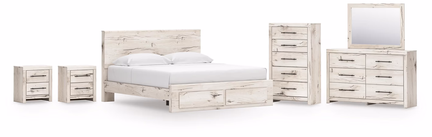 Lawroy King Panel Storage Bed, Dresser, Mirror, Chest and 2 Nightstands