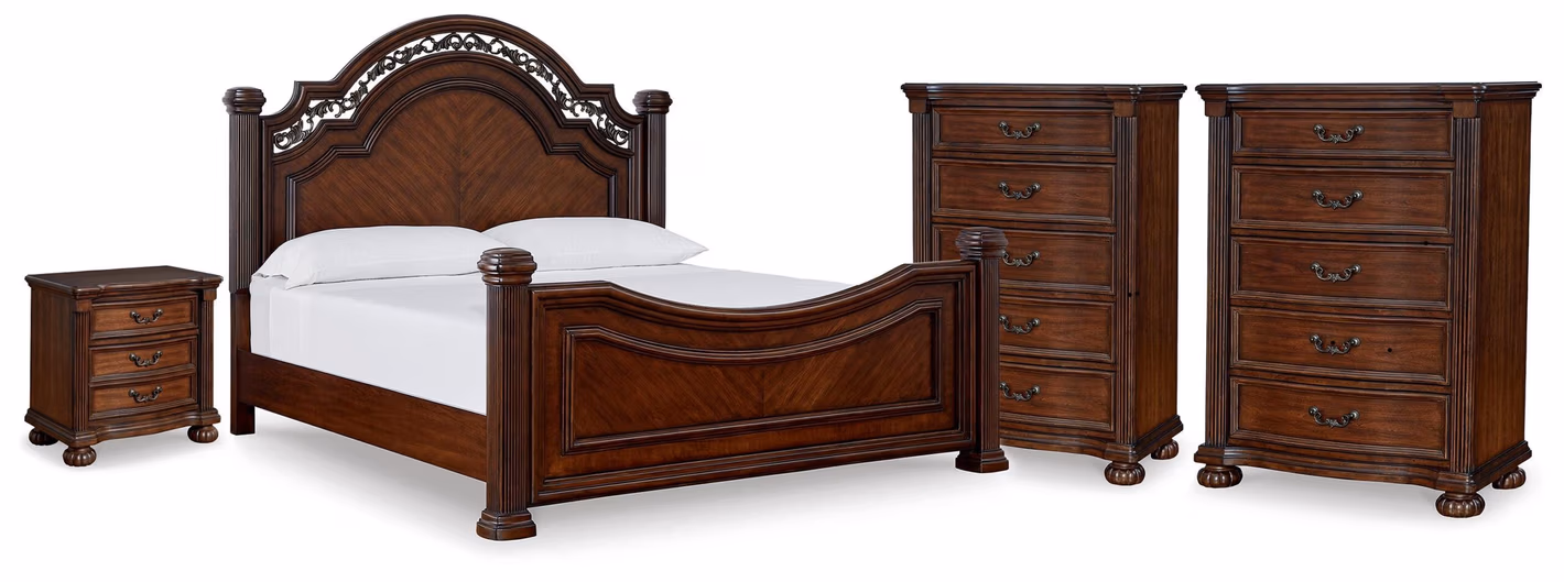97f66e70ad1633056074c6b9f977fe56 Lavinton King Poster Bed, 2 Chests and Nightstand - Image 1