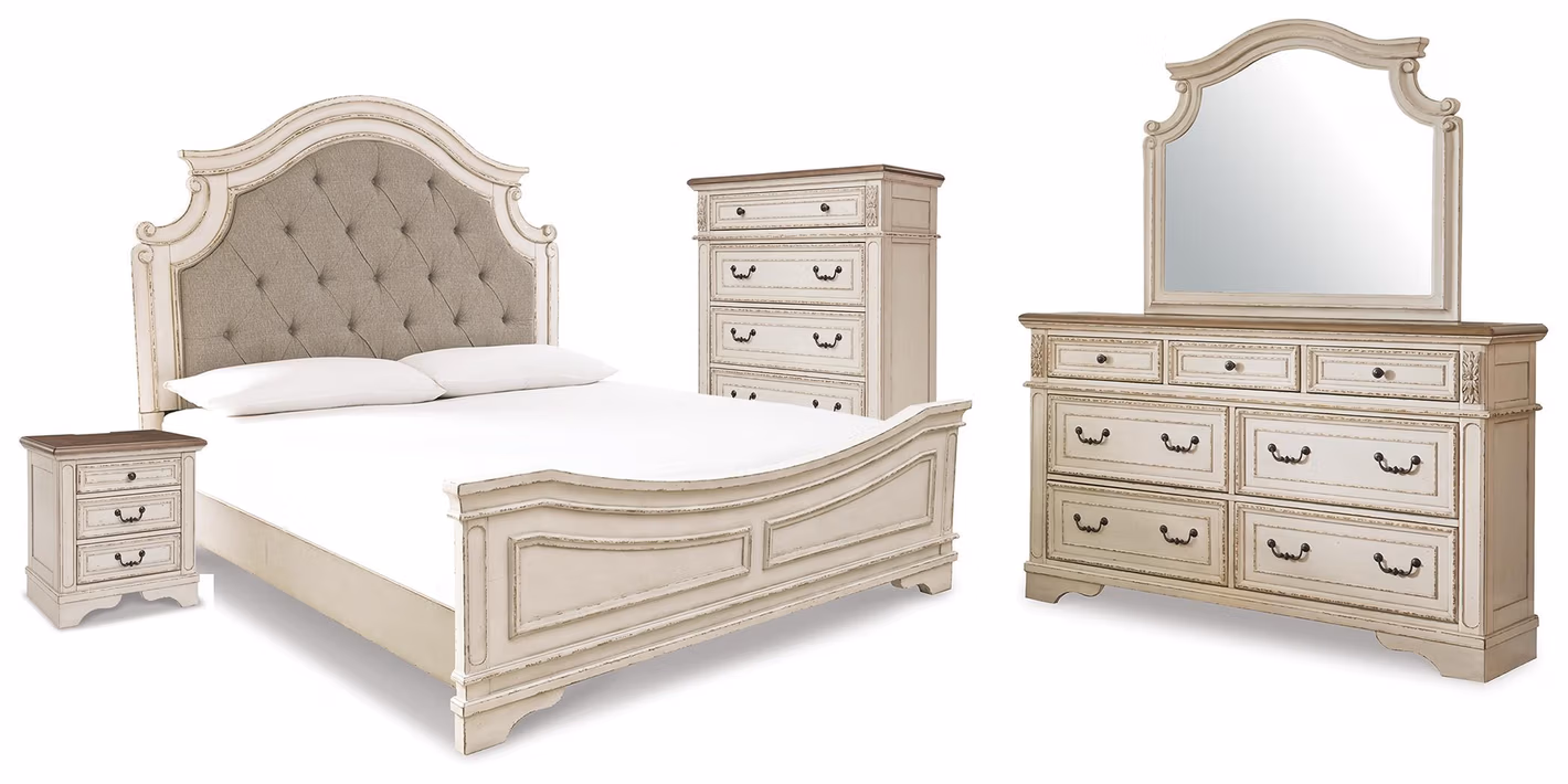 Realyn King Panel Bed, Dresser, Mirror, Chest and Nightstand
