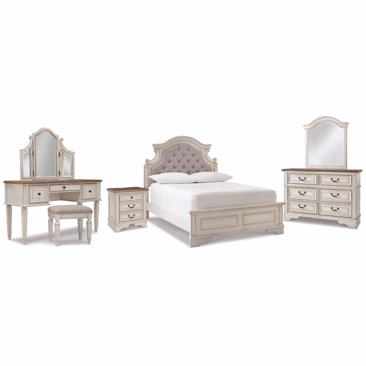 Realyn Full Panel Bed, Dresser, Mirror, 3-Piece Vanity and Nightstand - Image 2