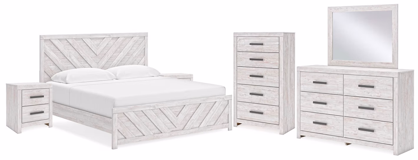ade47cc0b0ed3dc89d2049a35dd7e4ae Cayboni King Panel Bed, Dresser, Mirror, Chest and 2 Nightstands - Image 1