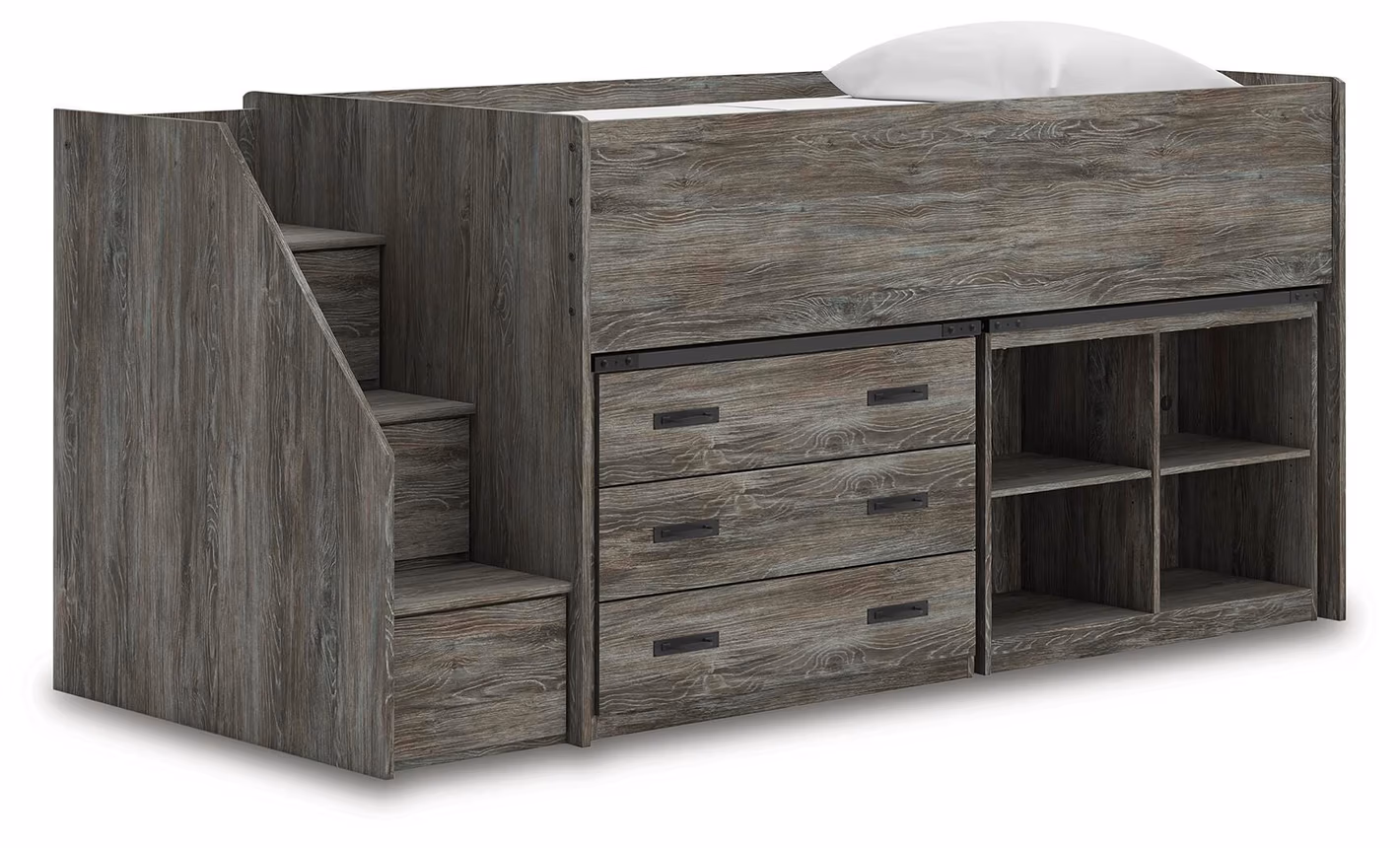 Frandern Twin Loft Bed with Bookcase and Drawer Storage
