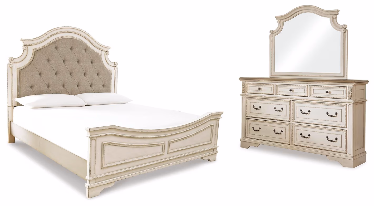 b28b4c1285a500d09bcfe41596770ed5 Realyn King Upholstered Panel Bed, Dresser and Mirror - Image 1