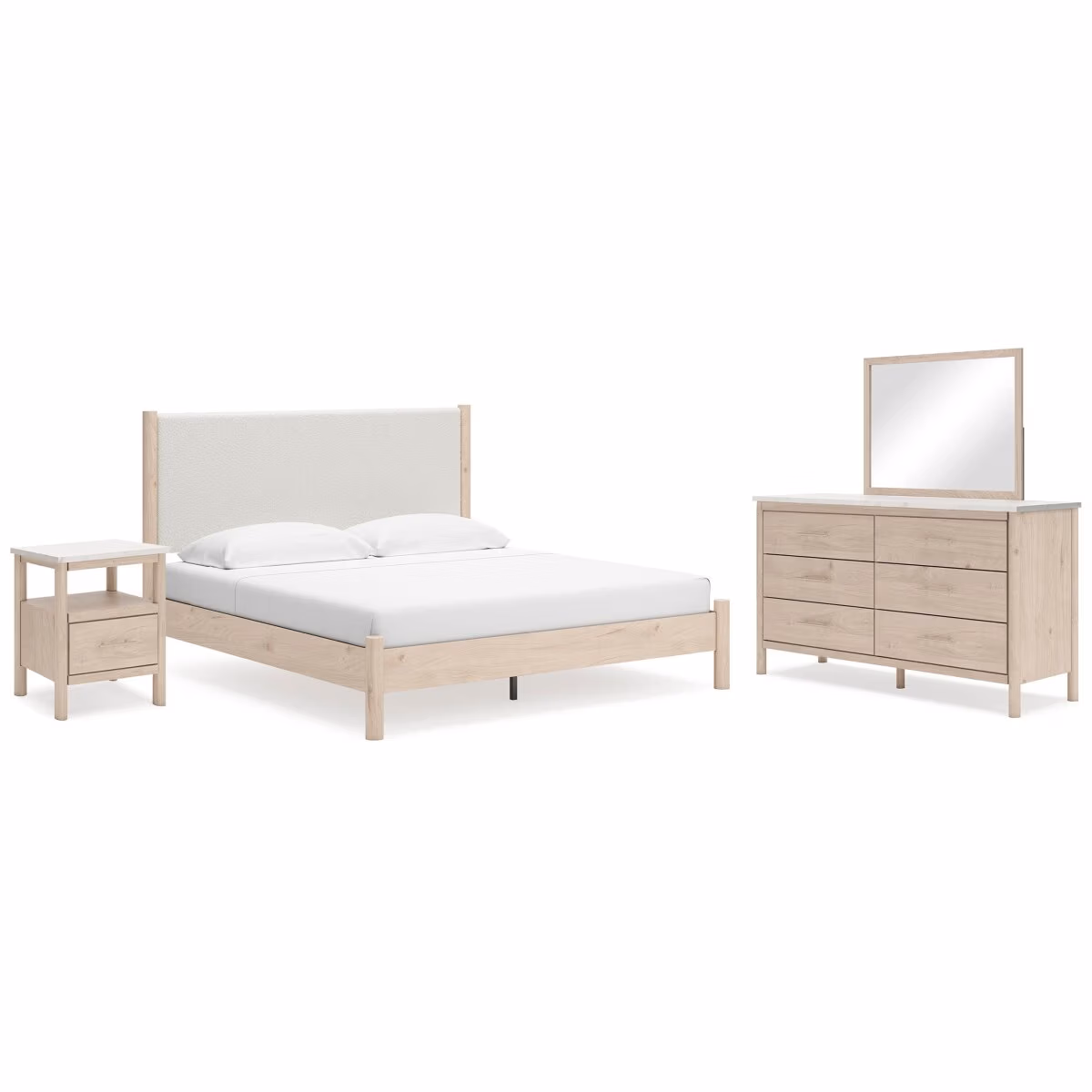 Cadmori King Upholstered Panel Bed, Dresser, Mirror and Nightstand - Image 2