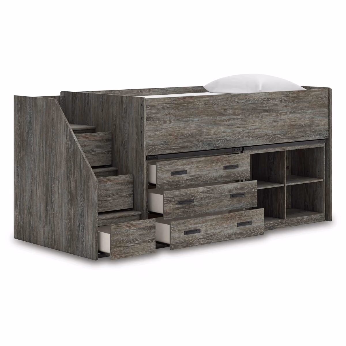 Frandern Twin Loft Bed with Bookcase and Drawer Storage - Image 5