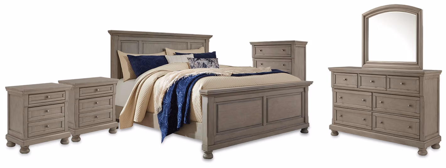 c4c526a9641d08015ec61076a3a42346 Lettner King Panel Bed, Dresser, Mirror, Chest and 2 Nightstands - Image 1