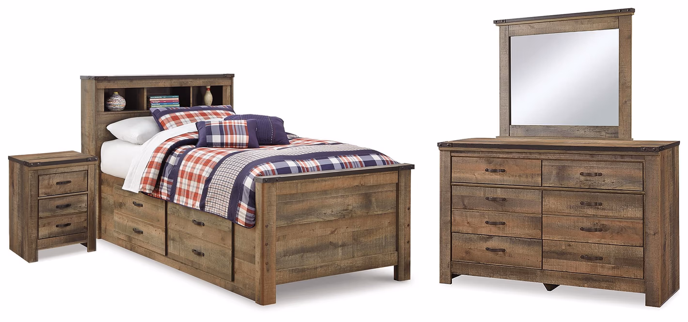 Trinell Twin Bookcase Storage Bed, Dresser, Mirror and Nightstand
