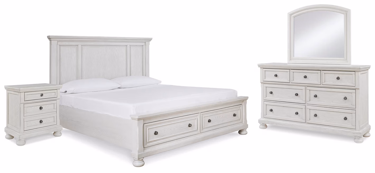 Robbinsdale Queen Storage Bed, Dresser, Mirror and Nightstand