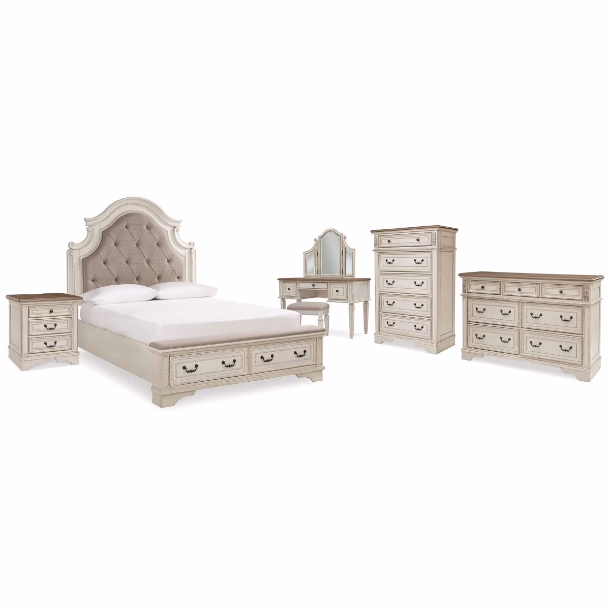 Realyn Queen Upholstery Panel Bed, Dresser, Chest, Nightstand, and Vanity Set - Image 2