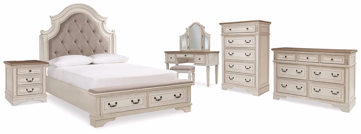 cf5255a2beac4d084734ae9aea66d5ab Realyn Queen Upholstery Panel Bed, Dresser, Chest, Nightstand, and Vanity Set - Image 1