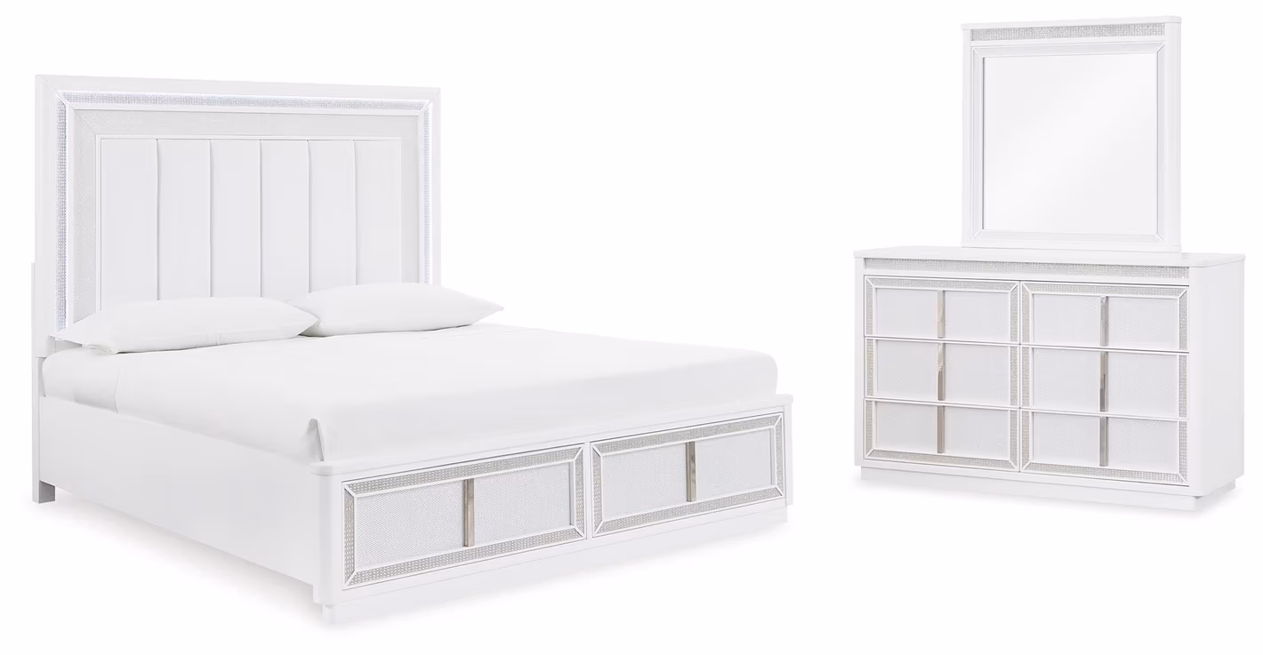 d3b636207c7ca2b54ce0a1db8ad89475 Chalanna Queen Upholstered Storage Bed, Dresser and Mirror - Image 1