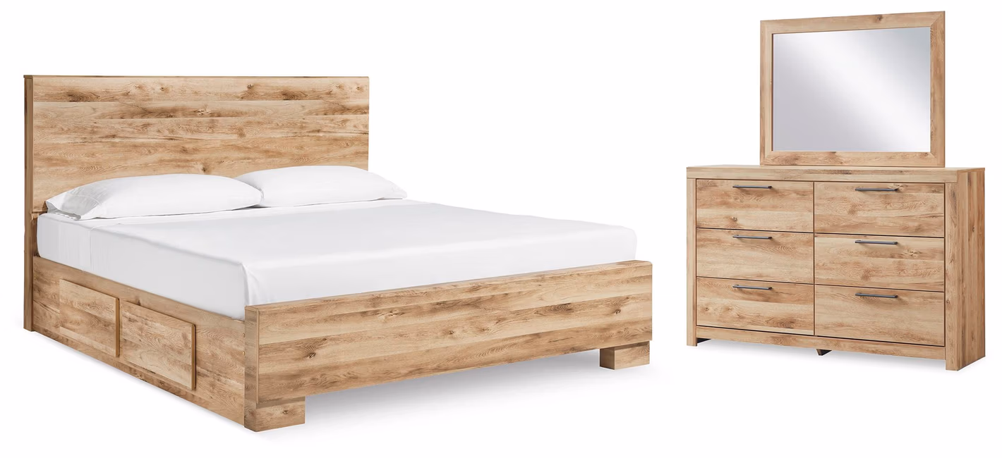 Hyanna King Panel Bed with 2 Side Storage, Dresser and Mirror