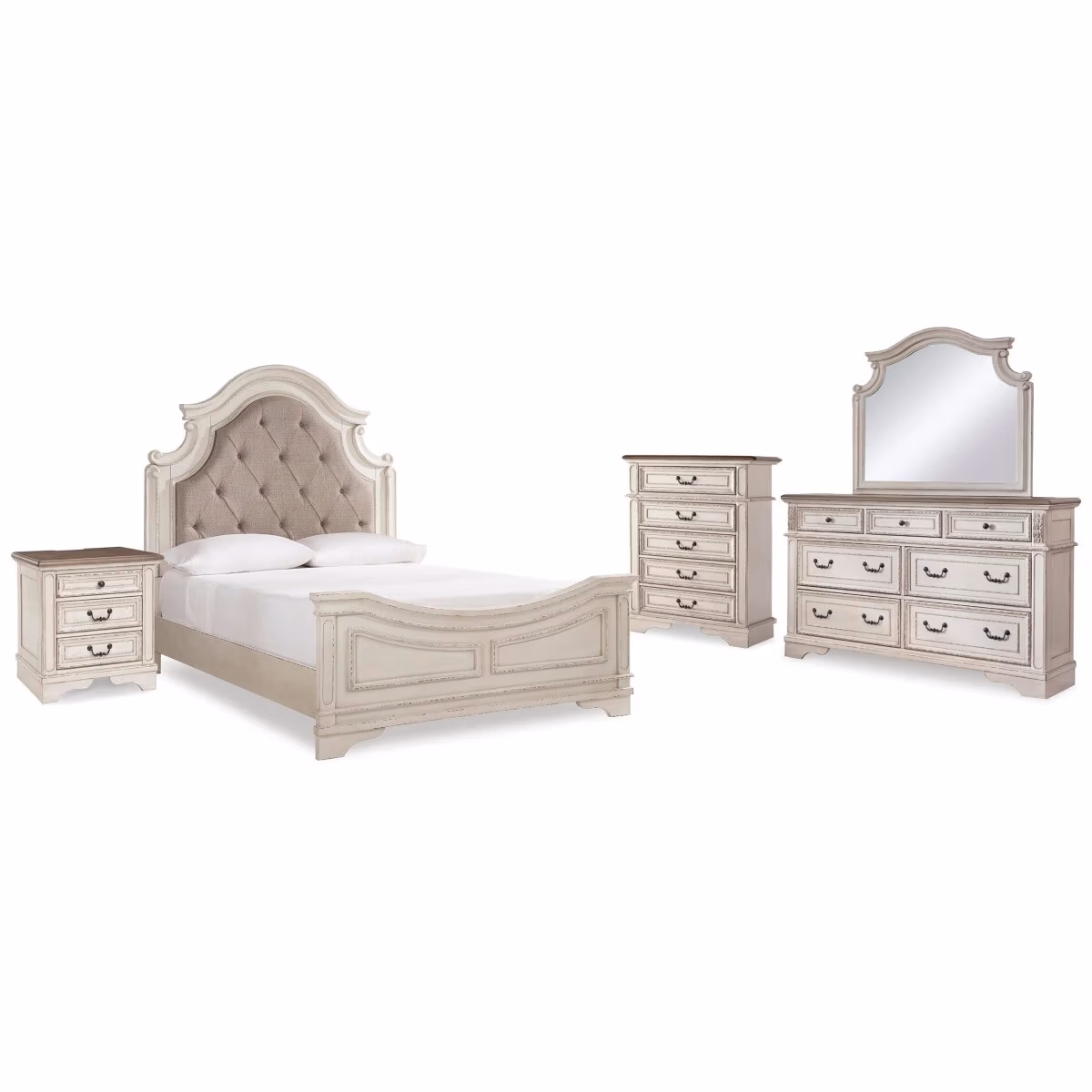 Realyn Queen Upholstered Panel Bed, Dresser, Mirror, Chest and Nightstand - Image 2