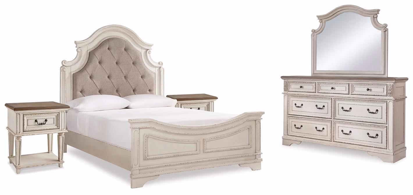 Realyn Queen Upholstered Panel Bed, Dresser, Mirror and 2 Nightstands