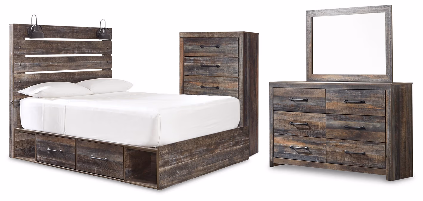 Drystan Queen Panel Bed with Storage, Dresser, Mirror and Chest