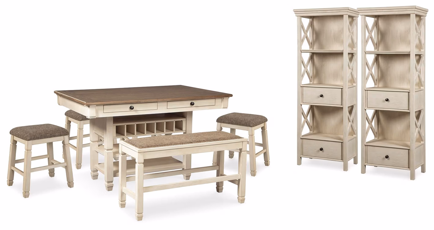 fc9afb54561bcba8dd63ead3835b0cf1 Bolanburg Counter Height Dining Table, 4 Stools, Bench and 2 Display Cabinets - Image 1