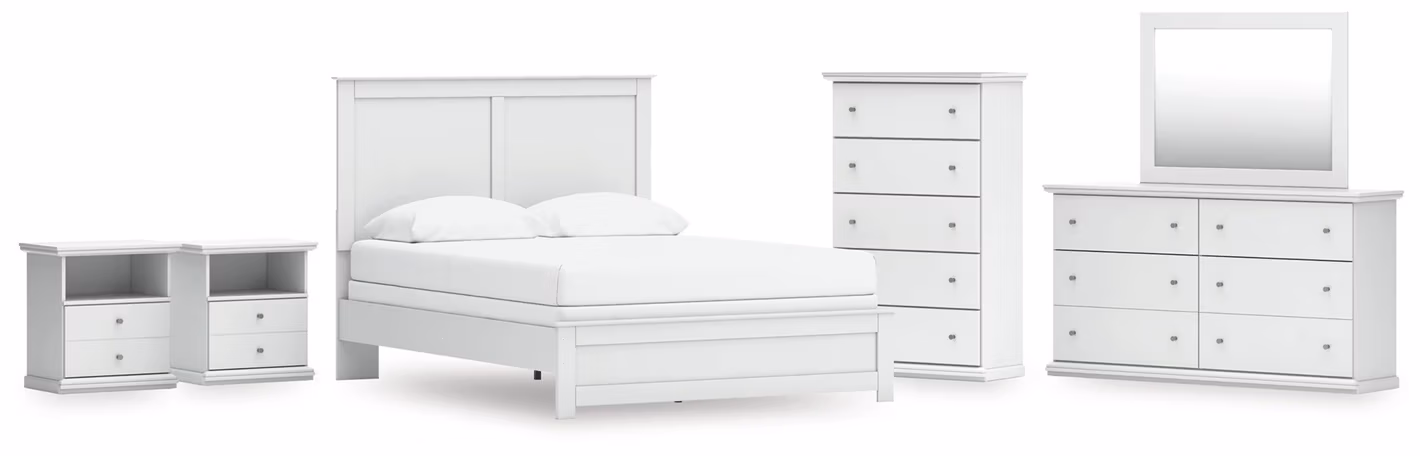 Bostwick Shoals Queen Panel Bed with Mirrored Dresser, Chest and 2 Nightstands