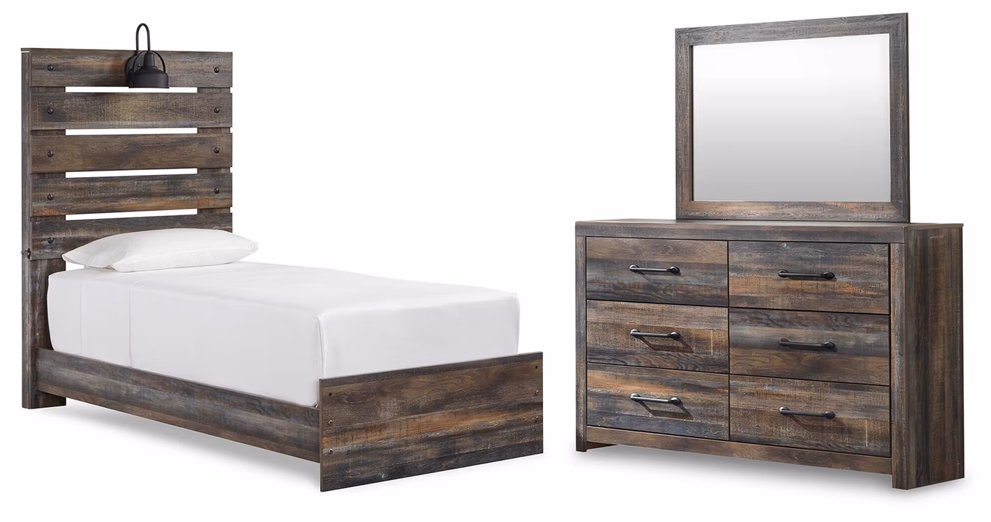 4217fa738fd20977002ecb73f817cbd0 Drystan Twin Panel Bed, Dresser and Mirror - Image 1
