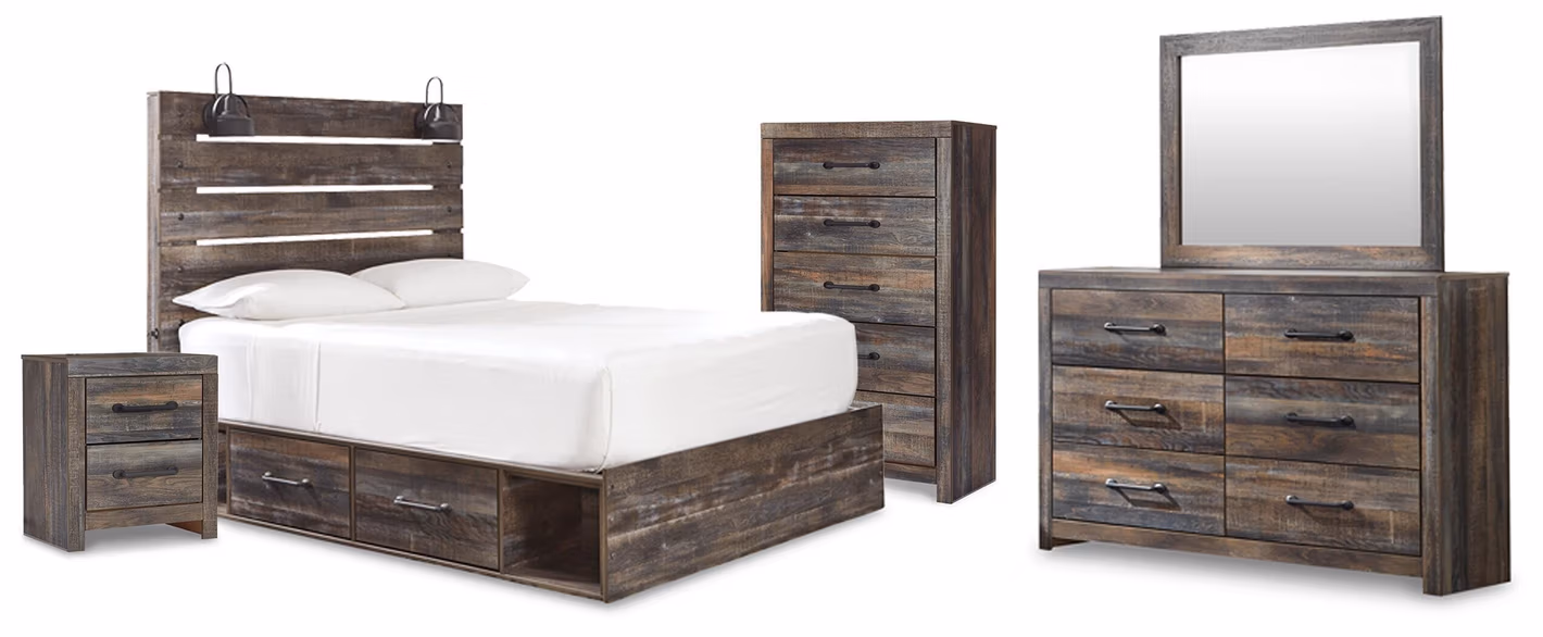Drystan Queen Panel Storage Bed, Dresser, Mirror, Chest and Nightstand