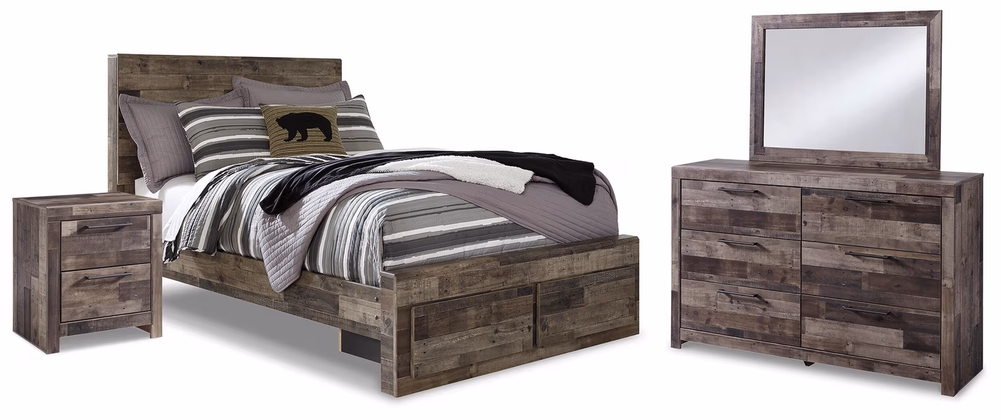 Derekson Full Panel Storage Bed, Dresser, Mirror and Nightstand
