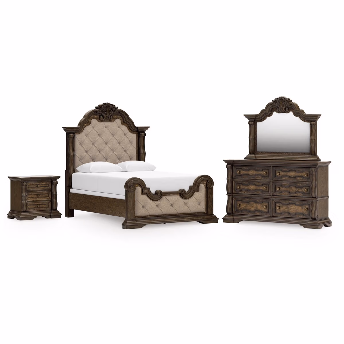 Maylee Queen Upholstered Panel Bed, Dresser, Mirror and Nightstand - Image 2