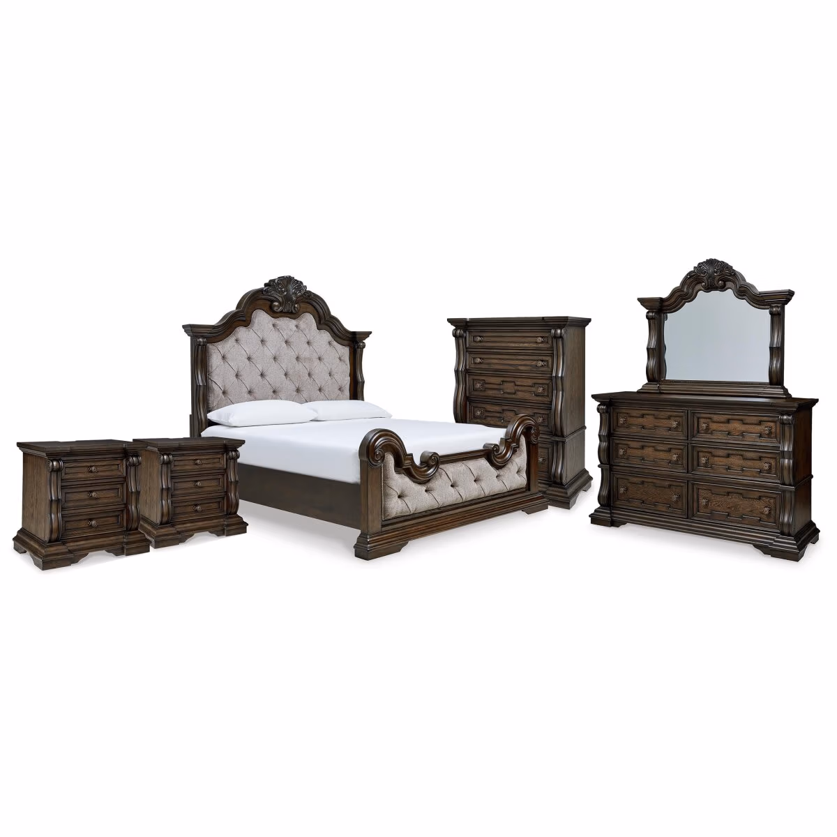 Maylee King Upholstered Bed, Dresser, Mirror, Chest and 2 Nightstands - Image 2