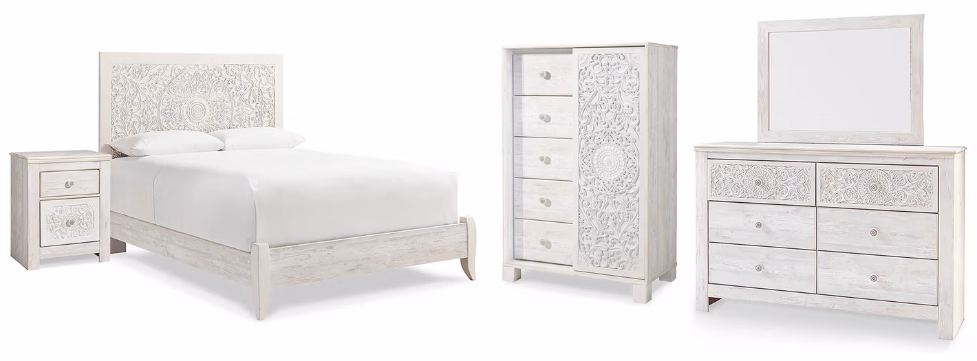 Paxberry Queen Panel Bed, Dresser, Mirror, Chest and Nightstand