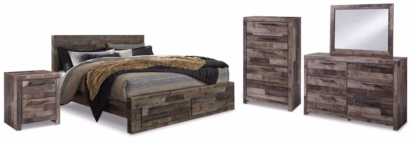 Derekson King Panel Storage Bed, Dresser, Mirror, Chest and Nightstand